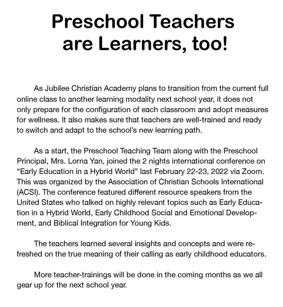 Preschool Teachers Are Learners, Too! - Jubilee Christian Academy