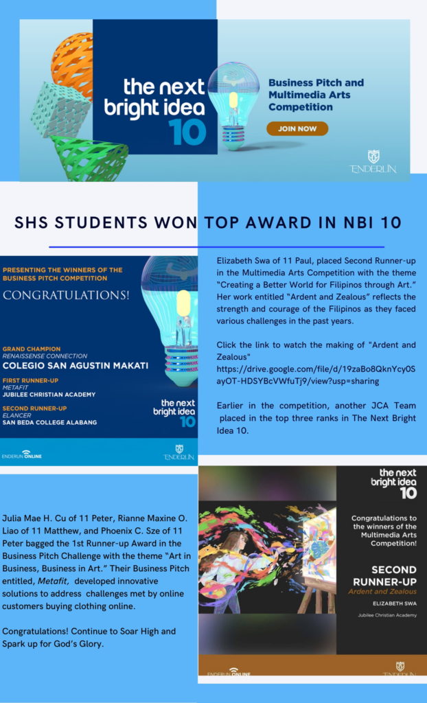 SHS STUDENTS WON TOP AWARD IN NBI 10 - Jubilee Christian Academy